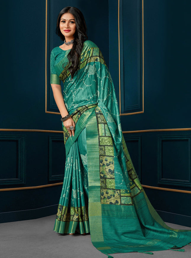 Rama Green Digital Print Silk Saree