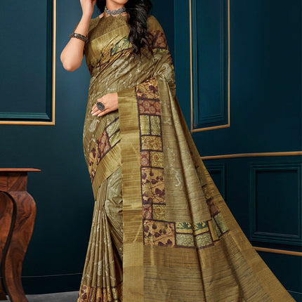 Olive Digital Print Silk Saree