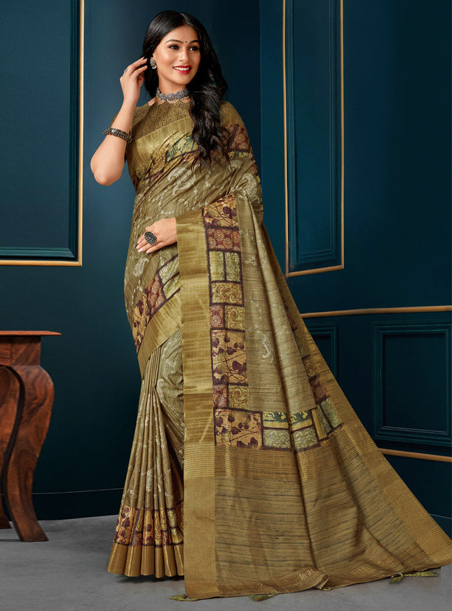 Olive Digital Print Silk Saree