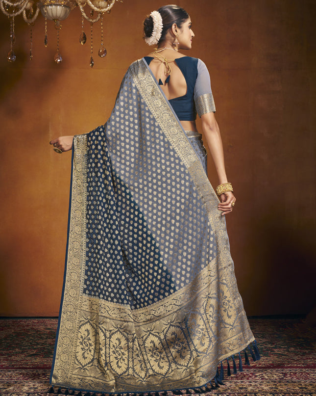 Navy Blue and Grey Georgette Festival Saree