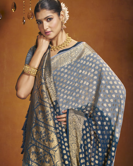 Navy Blue and Grey Georgette Festival Saree