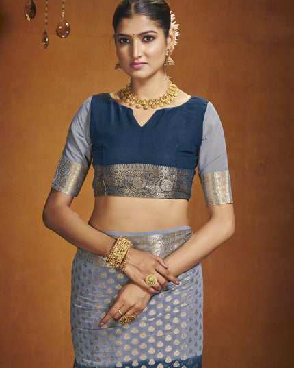 Navy Blue and Grey Georgette Festival Saree