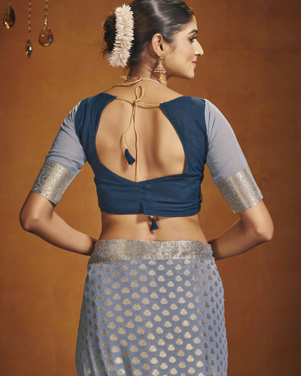 Navy Blue and Grey Georgette Festival Saree