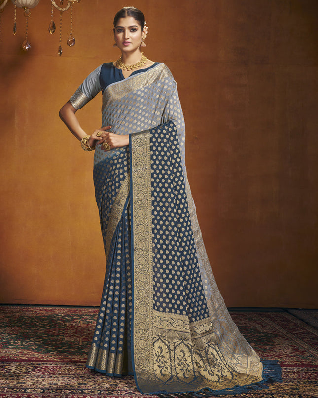 Navy Blue and Grey Georgette Festival Saree
