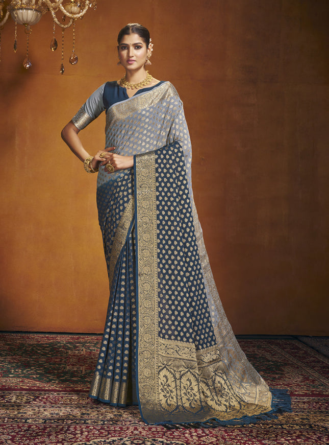 Navy Blue and Grey Georgette Festival Saree