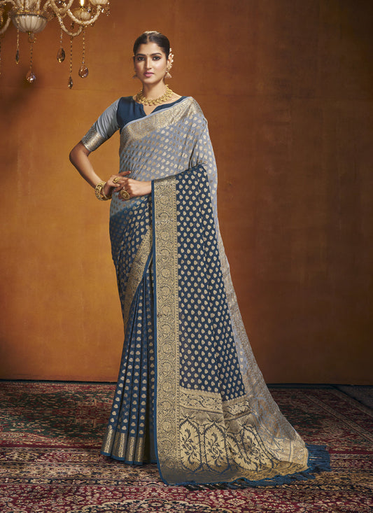 Navy Blue and Grey Georgette Festival Saree