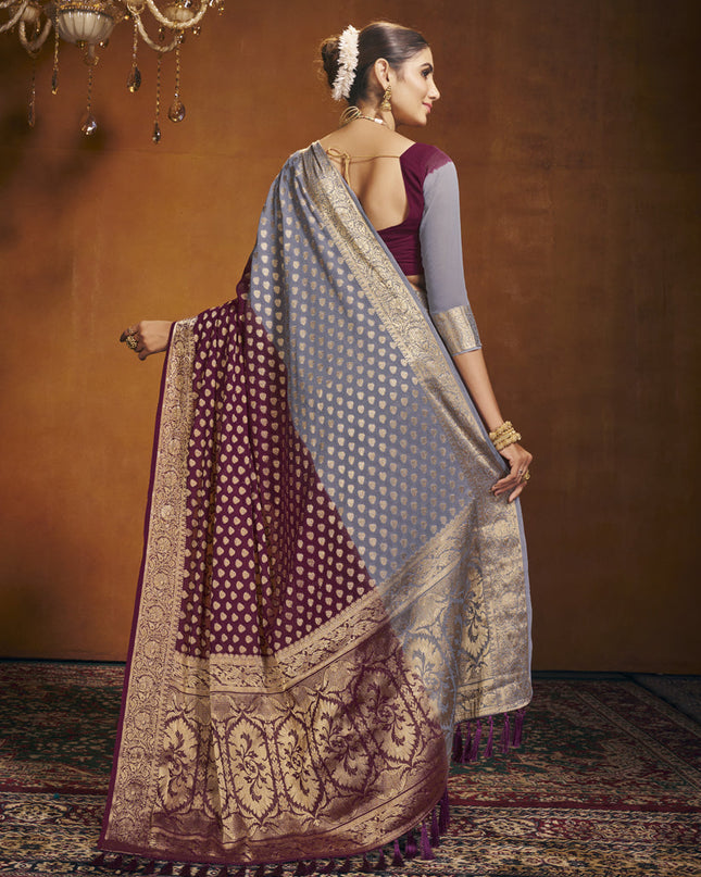Maroon and Grey Georgette Festival Saree