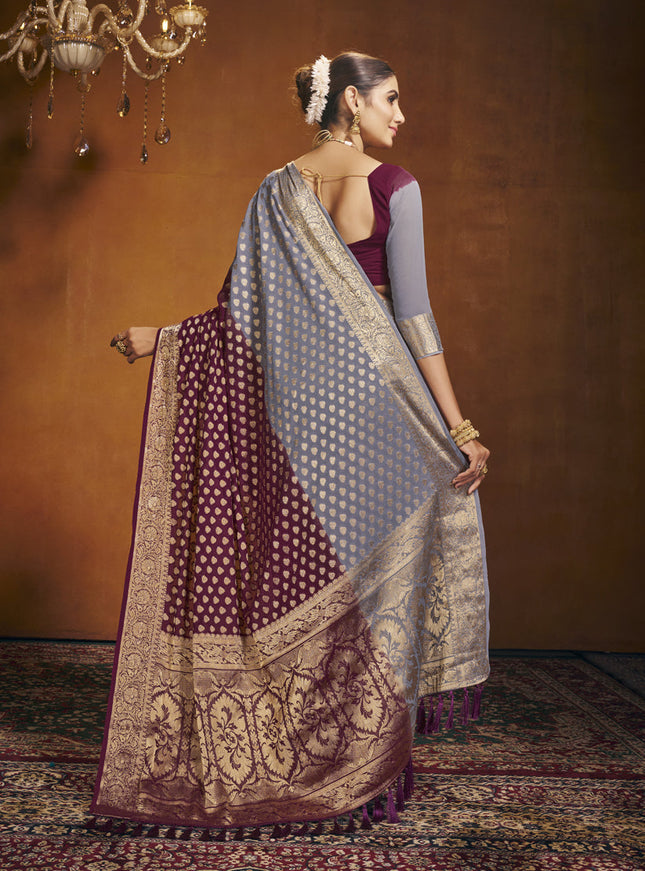Maroon and Grey Georgette Festival Saree