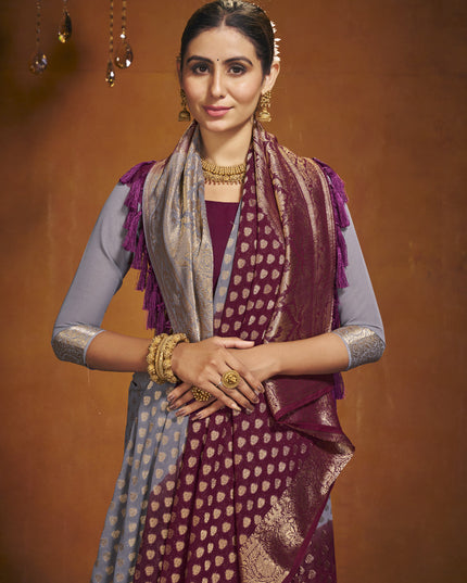 Maroon and Grey Georgette Festival Saree
