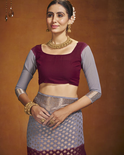 Maroon and Grey Georgette Festival Saree