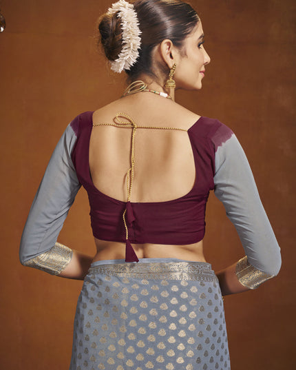 Maroon and Grey Georgette Festival Saree