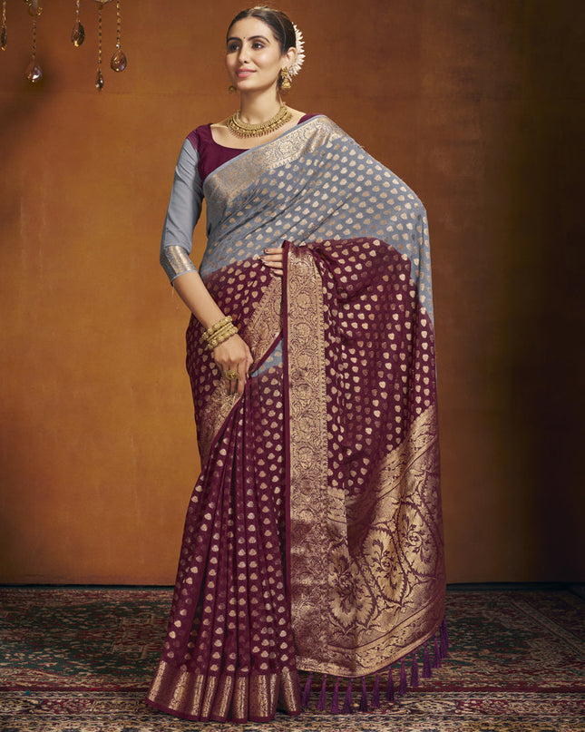 Maroon and Grey Georgette Festival Saree