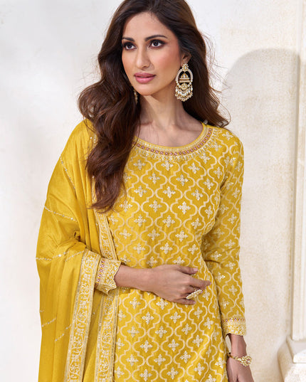 Mustard Chinnon Embroidered Lehenga Kameez