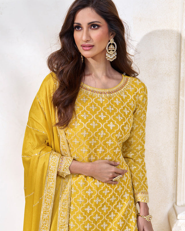 Mustard Chinnon Embroidered Lehenga Kameez