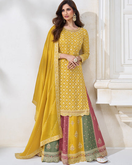 Mustard Chinnon Embroidered Lehenga Kameez