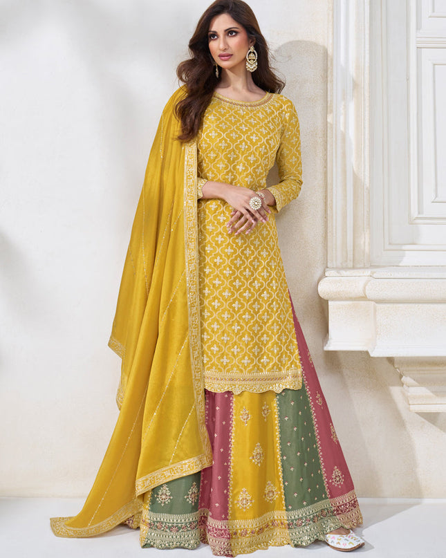 Mustard Chinnon Embroidered Lehenga Kameez