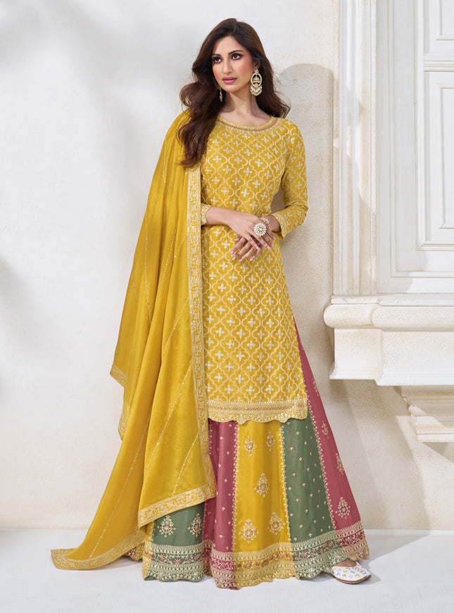 Mustard Chinnon Embroidered Lehenga Kameez