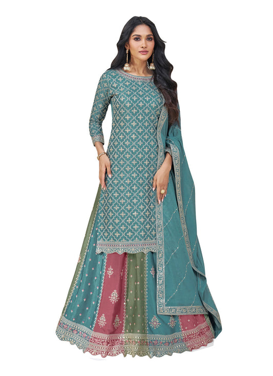 Teal Blue Chinnon Embroidered Lehenga Kameez