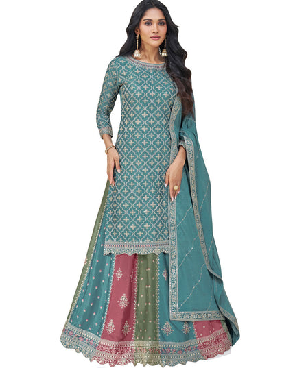 Teal Blue Chinnon Embroidered Lehenga Kameez