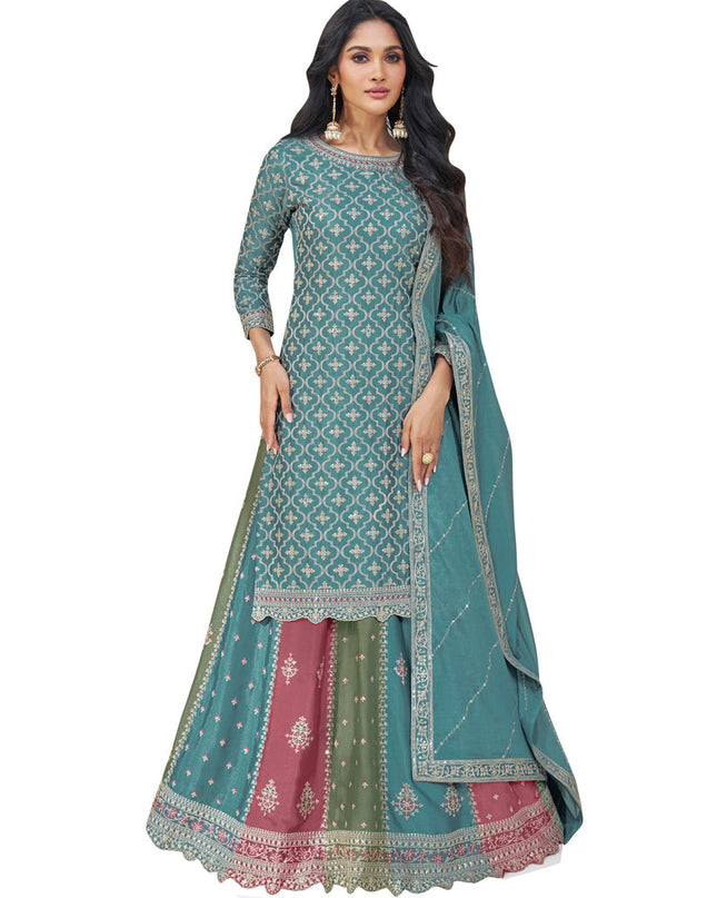 Teal Blue Chinnon Embroidered Lehenga Kameez