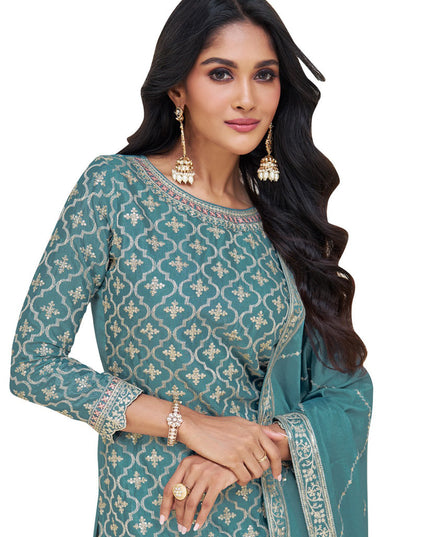 Teal Blue Chinnon Embroidered Lehenga Kameez