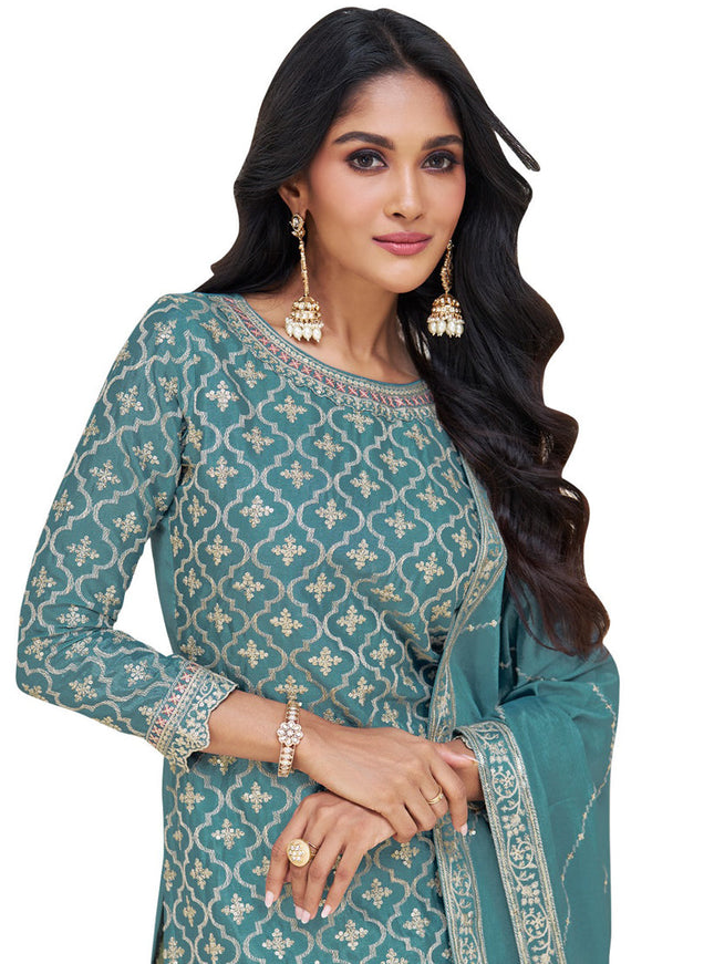 Teal Blue Chinnon Embroidered Lehenga Kameez