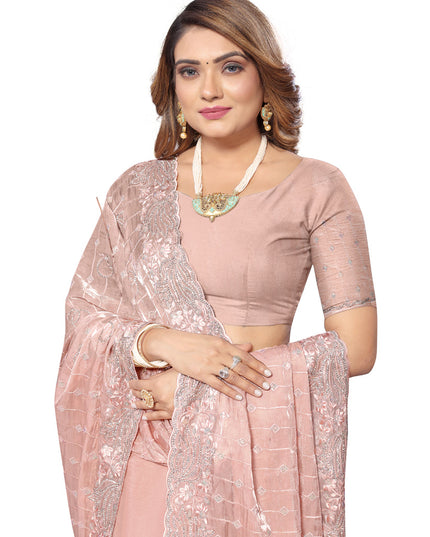 Peach Heavy Resham Embroidered Party Wear Saree