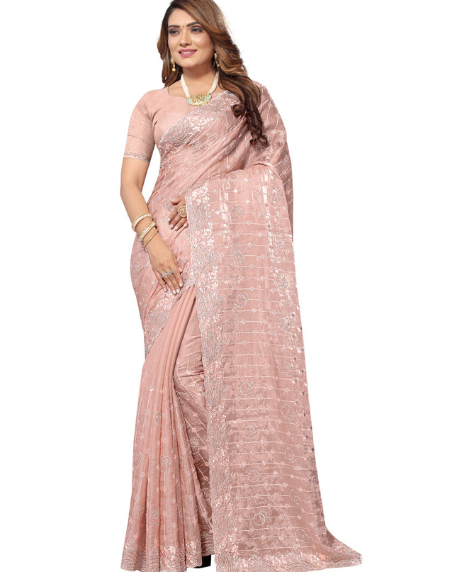 Peach Heavy Resham Embroidered Party Wear Saree