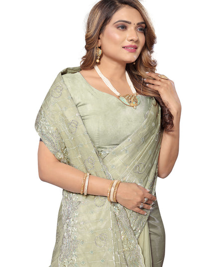 Pista Green Heavy Resham Embroidered Party Wear Saree