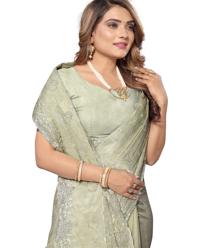 Pista Green Heavy Resham Embroidered Party Wear Saree