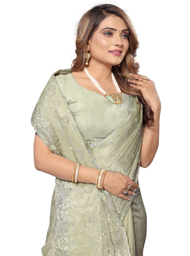 Pista Green Heavy Resham Embroidered Party Wear Saree