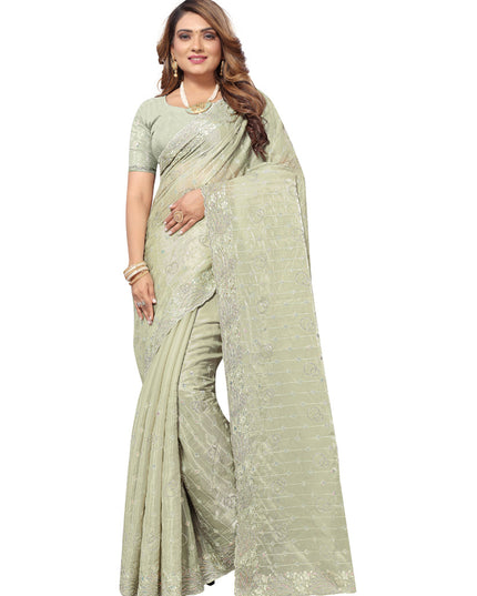 Pista Green Heavy Resham Embroidered Party Wear Saree