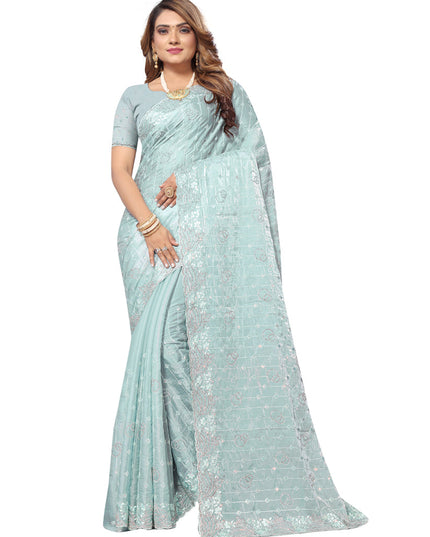 Sky Blue Heavy Resham Embroidered Party Wear Saree
