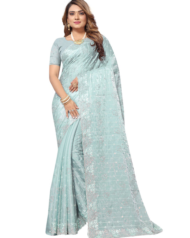 Sky Blue Heavy Resham Embroidered Party Wear Saree