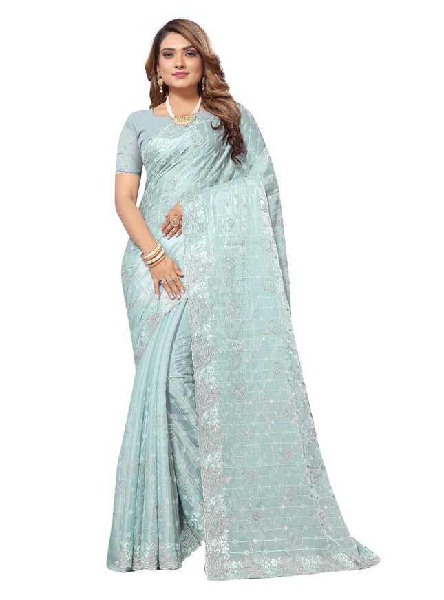 Sky Blue Heavy Resham Embroidered Party Wear Saree