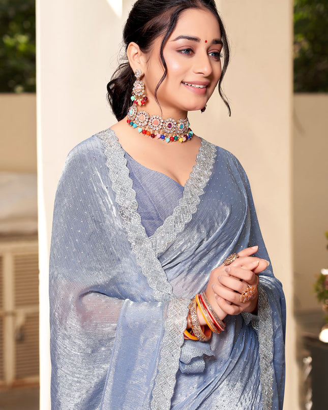 Silver Grey Silk Party Wear Saree