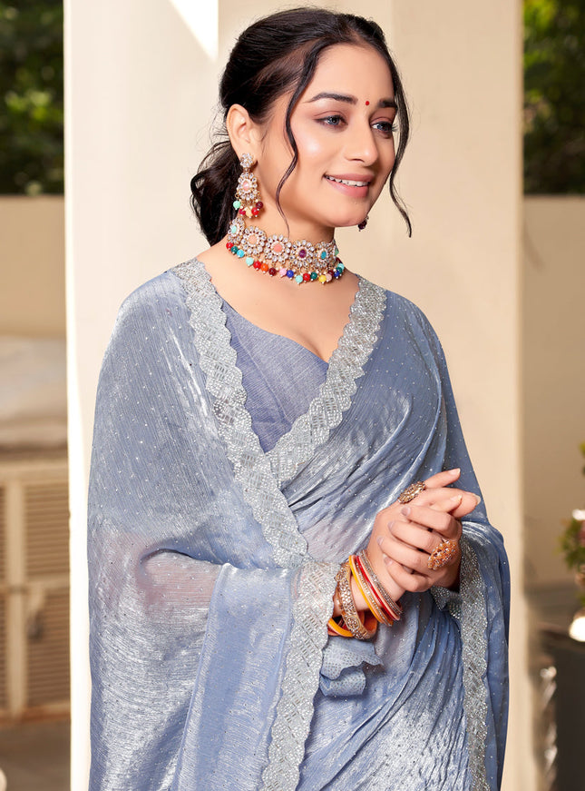 Silver Grey Silk Party Wear Saree