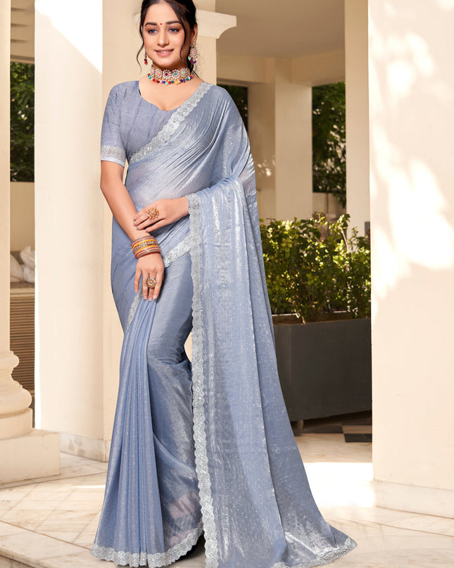 Silver Grey Silk Party Wear Saree