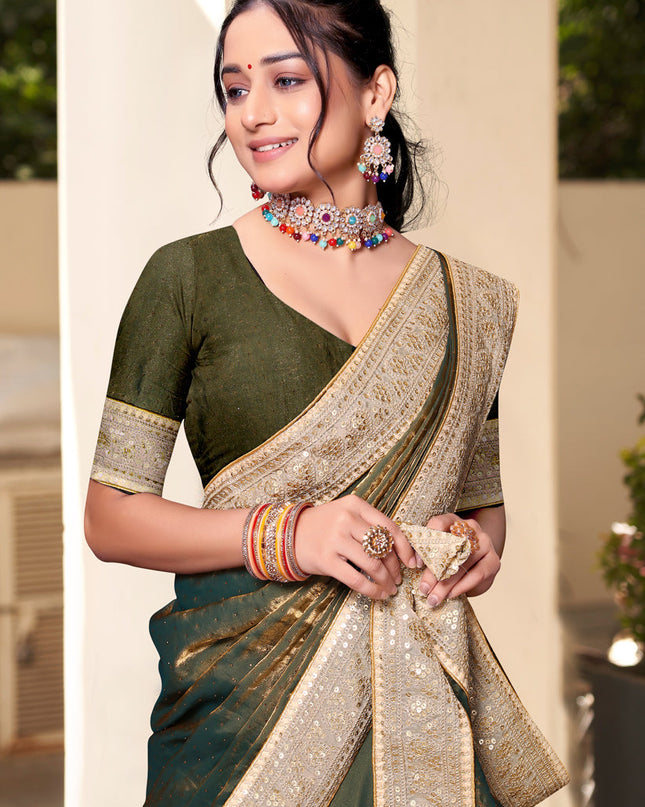 Olive Green Silk Party Wear Saree