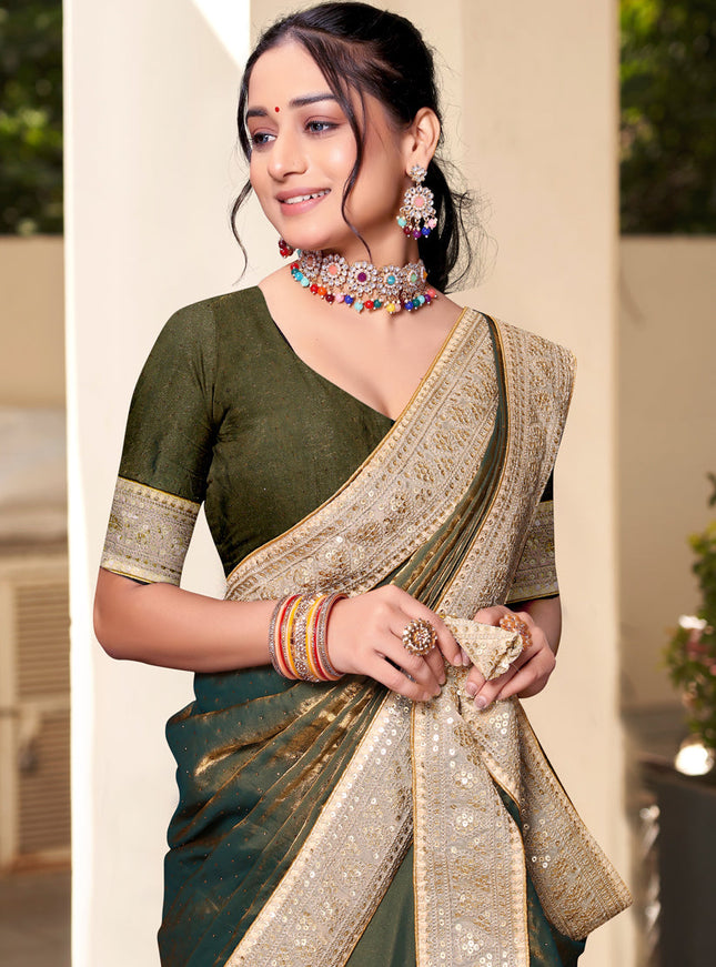 Olive Green Silk Party Wear Saree