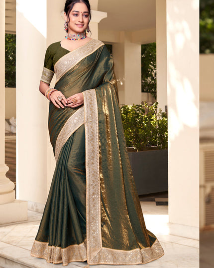 Olive Green Silk Party Wear Saree