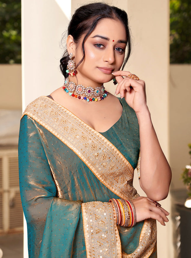 Teal Green Silk Party Wear Saree