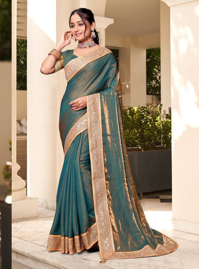 Teal Green Silk Party Wear Saree