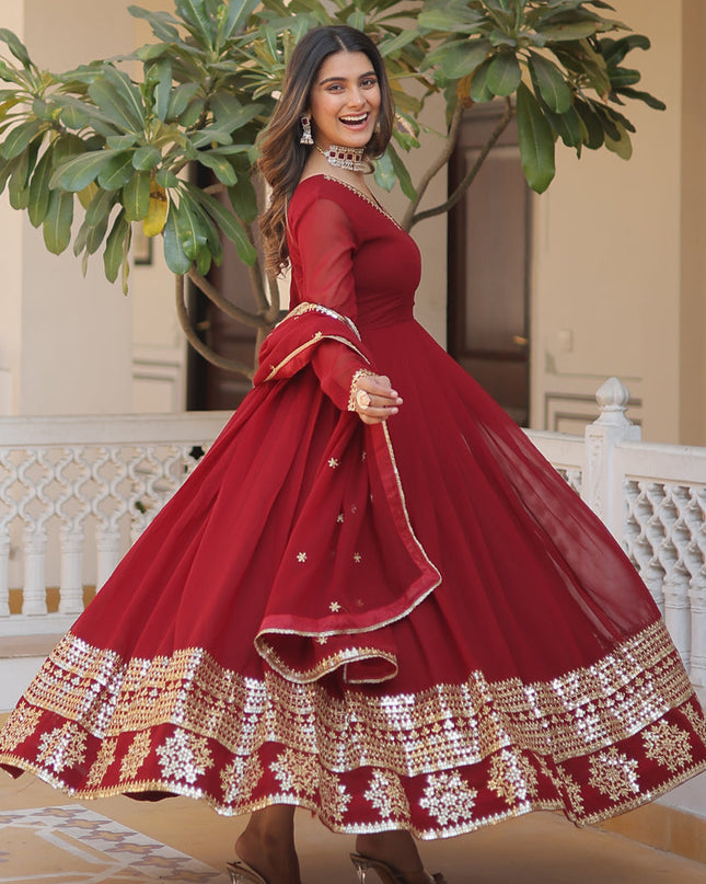 Maroon Embroidered Gown with Dupatta