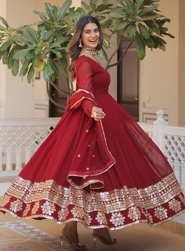 Maroon Embroidered Gown with Dupatta