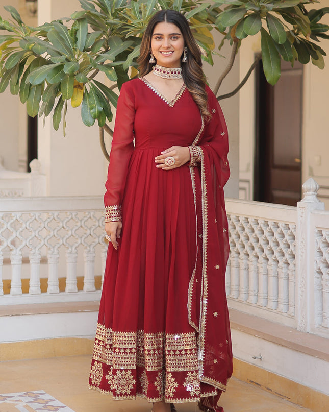 Maroon Embroidered Gown with Dupatta