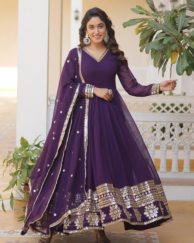 Purple Embroidered Gown with Dupatta