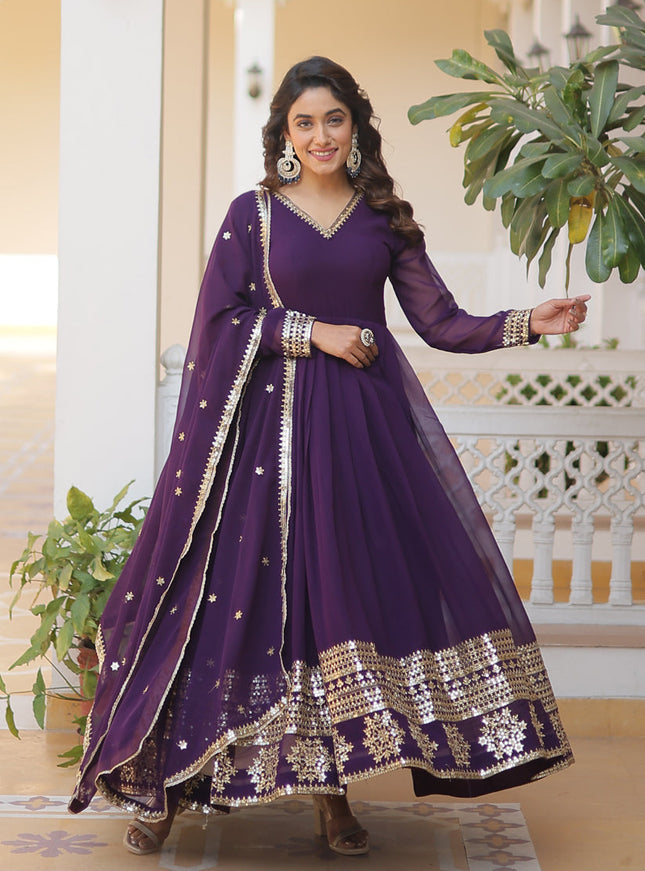 Purple Embroidered Gown with Dupatta