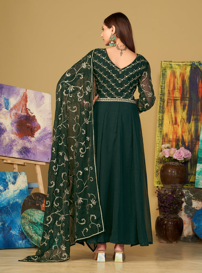 Bottle Green Georgette Embroidered Anarkali Suit