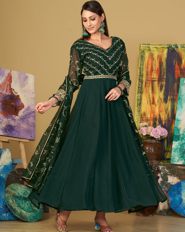 Bottle Green Georgette Embroidered Anarkali Suit
